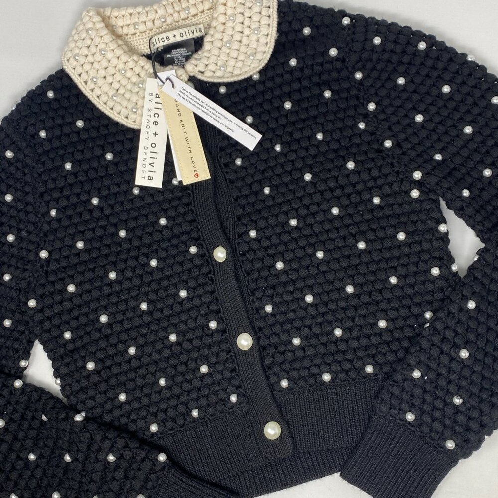 Alice + Olivia Collins Pearl Embellished Crochet Wool Black Cardigan XS NWT $595 - Picture 8 of 13